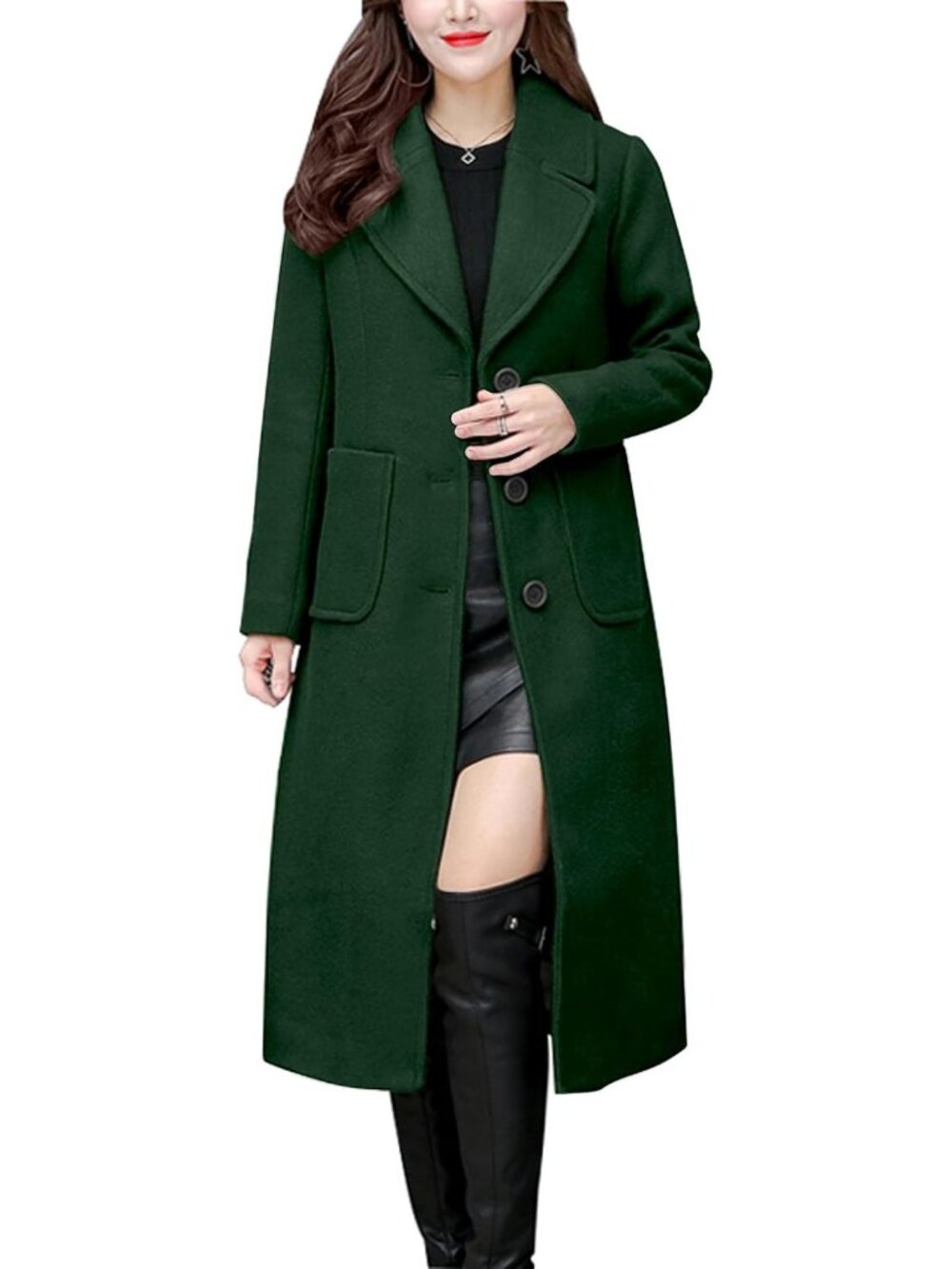 Women's Green Wool Blend Long Single-Breasted Notch Lapel Classic Trench Coat